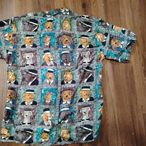 Vintage Burma Bibas Dogs Silk Button Shirt